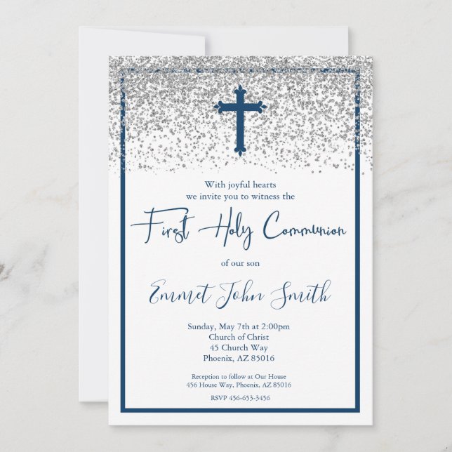 Convite Blue Silver Boy First Holy Communion (Frente)