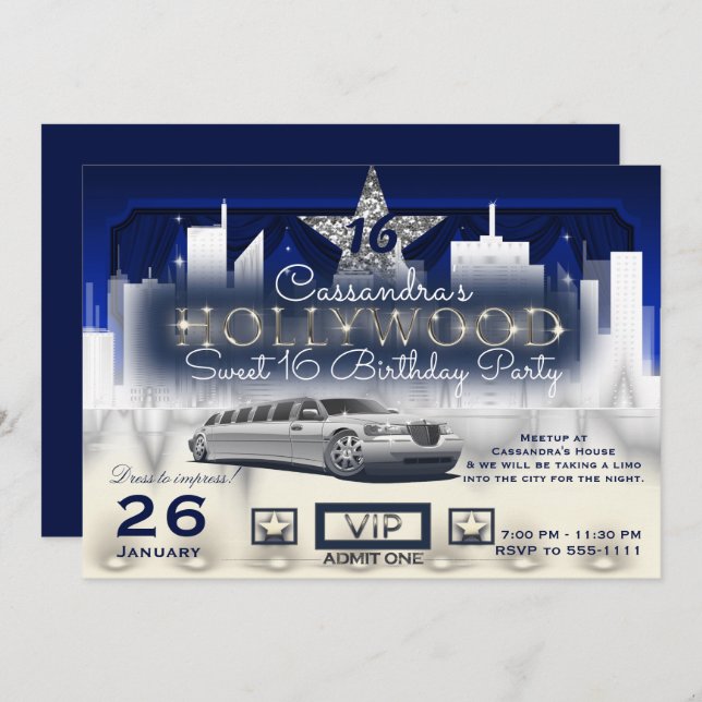 Convite Blue Silver City Lights Limo Partido Hollywood (Frente/Verso)