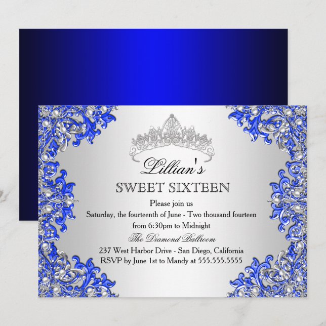 Convite Blue Silver Damask Tiara Sweet 16 (Frente/Verso)