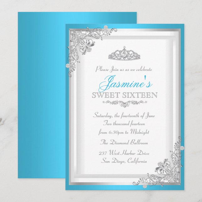 Convite Blue Silver Damask & Tiara Sweet 16 (Frente/Verso)