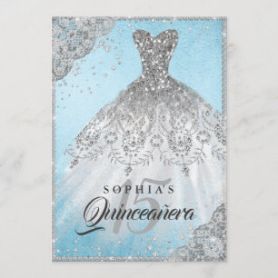 Convite Blue Silver Diamond Lace Sparkle Gown Quinceanera