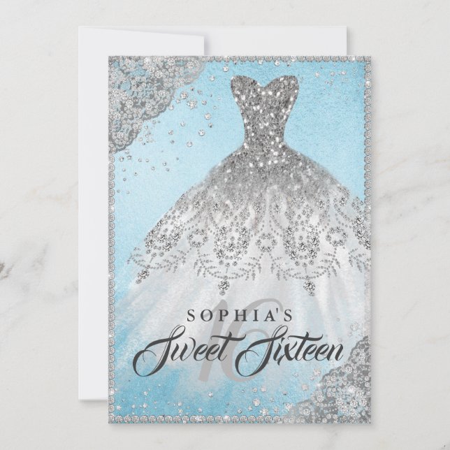 Convite Blue Silver Diamond Sparkle Gown 16 (Frente)
