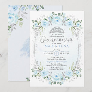 Convite Blue Silver Floral Crown Princesa Quinceañera