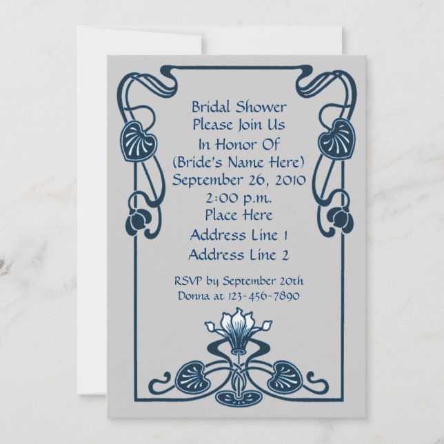 Convite Blue Silver Floral Swirls Chá de panela Invite (Frente)