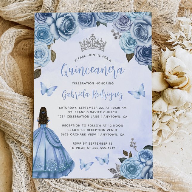 Convite Blue Silver Floral Watercolor Quinceañera (Criador carregado)