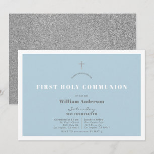 Convite Blue Silver Glitter Boy Primeira Comunhão Santa