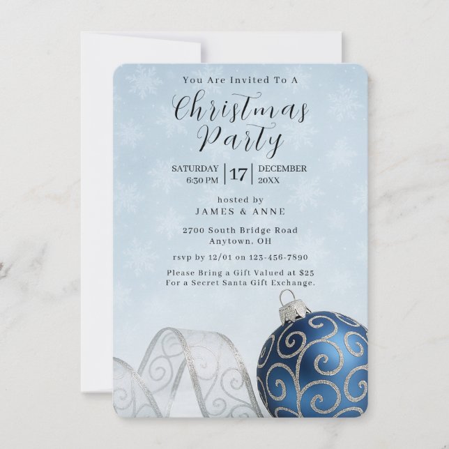 Convite Blue & Silver Ornament Christmas Party Invitation (Frente)