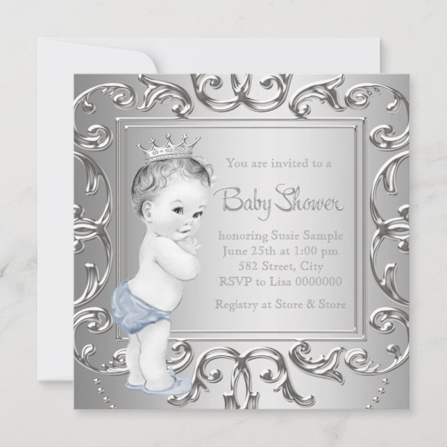 Convite Blue Silver Prince Baby Shower Invents (Frente)
