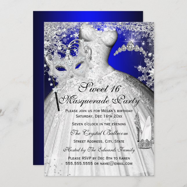 Convite Blue & Silver Princess Mascarada Sweet 16 Invite (Frente/Verso)