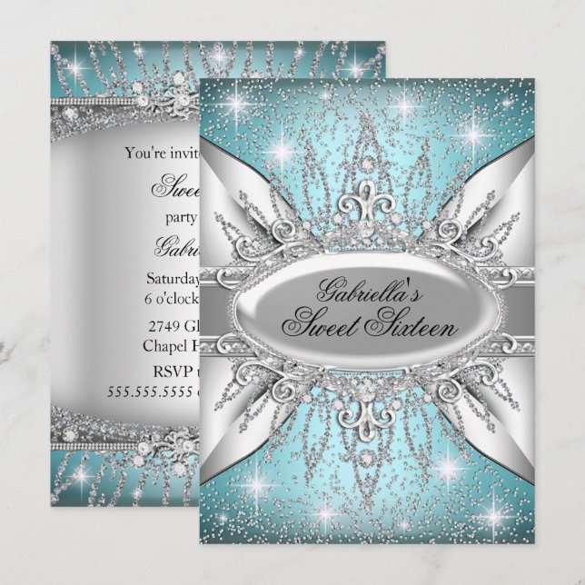Convite Blue & Silver Sparkle Diamond Sweet 16 (Frente/Verso)