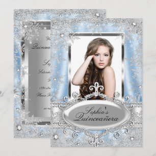 Convite Blue Silver Sparkle Jewel Snowflake Quinceanera