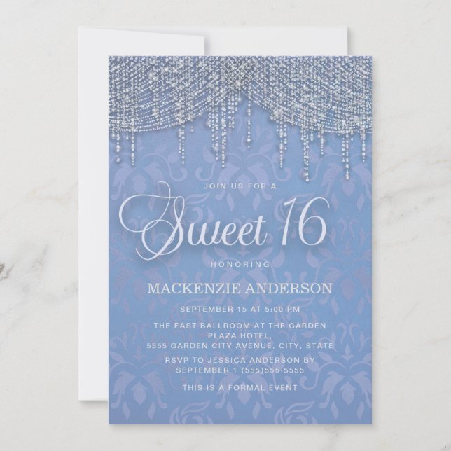Convite Blue Silver String Lights Damask Sweet 16 (Frente)