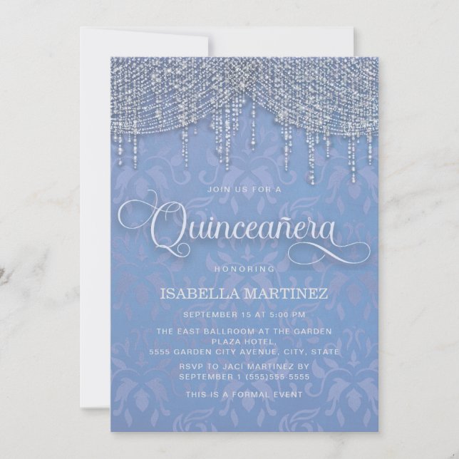 Convite Blue Silver String Luzes Damask Quinceañera (Frente)