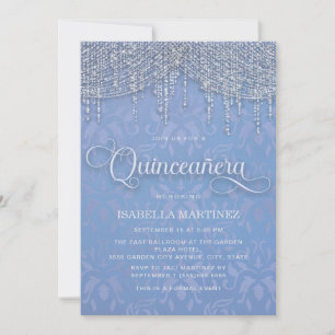 Convite Blue Silver String Luzes Damask Quinceañera