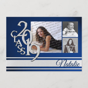 Convite Blue Silver Varsity 2019 Graduation Three Photo