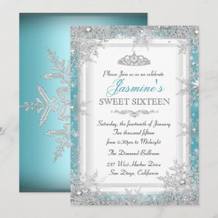 Convite Blue Silver Winter Wonderland Sweet 16