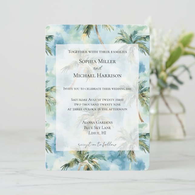 Convite Blue Skies Tropical Island Palm Trees Wedding (Em pé/Frente)