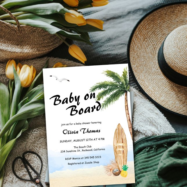 Convite Blue Sky Baby On Conselho Beach Surf Chá de fralda (Blue Sky Baby On Board Beach Surf Baby Shower Invitation)