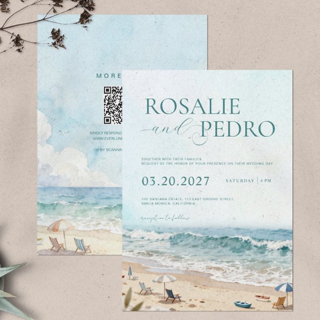 Convite Blue Sky Summer Beach Watercolor QR Code Wedding (Criador carregado)