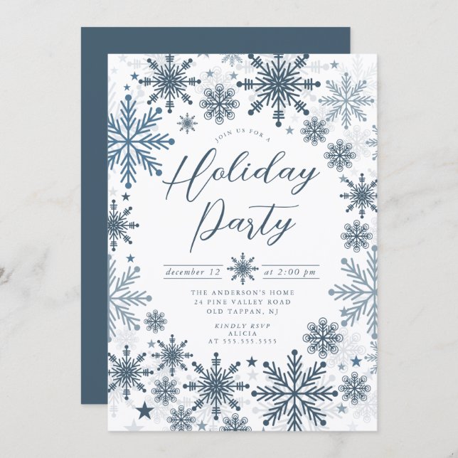 Convite Blue Snowflake Holiday Party Invitation (Frente/Verso)