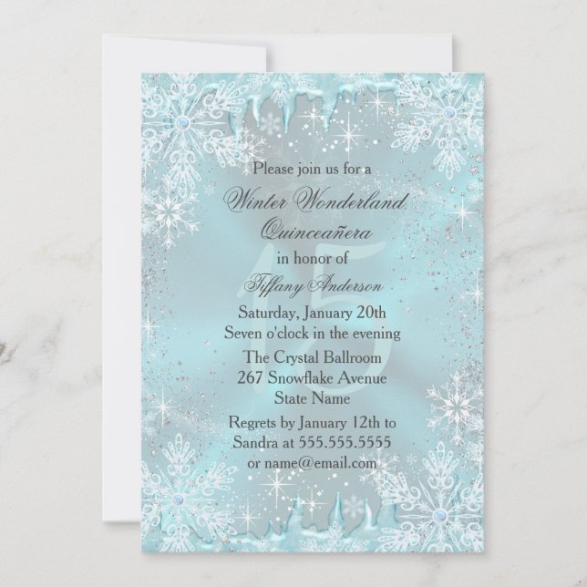 Convite Blue Snowflake Winter Wonderland Quinceanera (Frente)