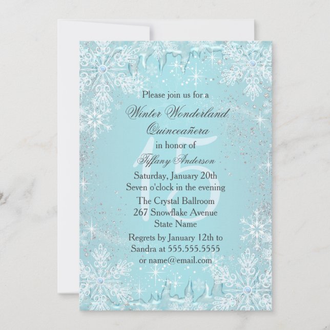 Convite Blue Snowflake Winter Wonderland Quinceanera (Frente)