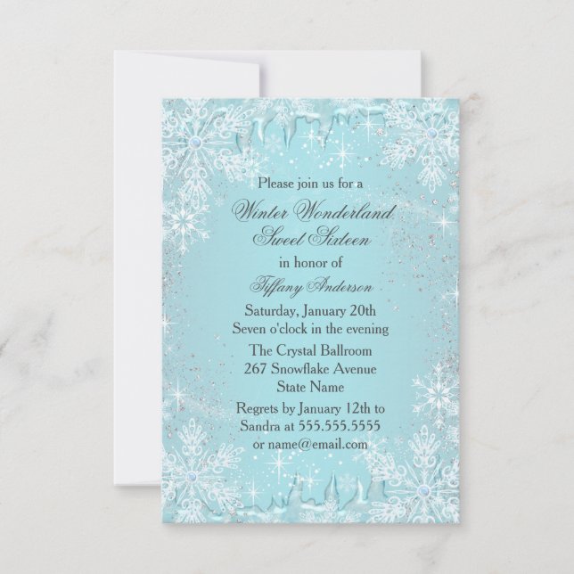Convite Blue Snowflake Winter Wonderland Sweet 16 (Frente)