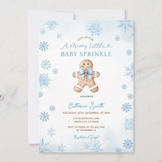 Convite Blue Snowflakes Gingerbread Baby Sprinkle (Frente)