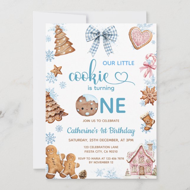 Convite Blue Snowflakes Gingerbread Christmas 1st Birthday (Frente)