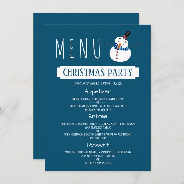Convite Blue Snowman, Menu da Festa de Natal (Frente/Verso)