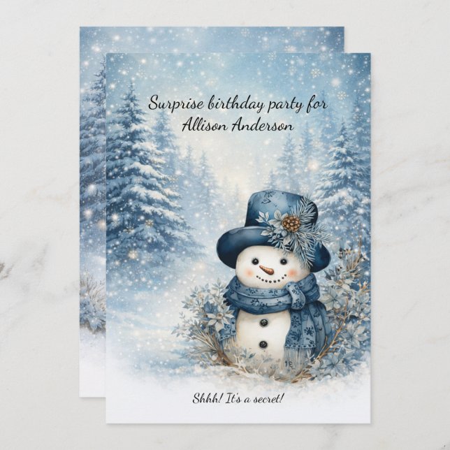 Convite Blue Snowman Surprise Birthday Party | (Frente/Verso)