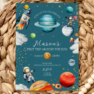 Convite Blue Space Rocket & Astronaut 1st Trip Around