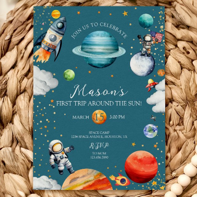 Convite Blue Space Rocket & Astronaut 1st Trip Around (Criador carregado)