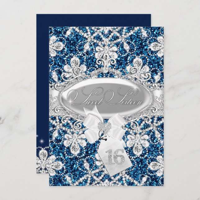 Convite Blue Sparkle Diamond & Glitter Sweet 16 Invite (Frente/Verso)