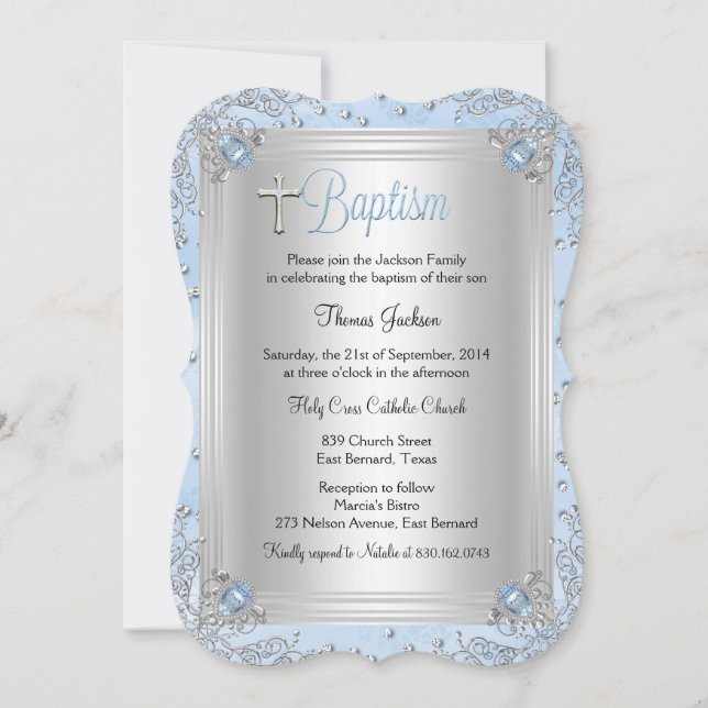 Convite Blue Sparkle Jewel Baptism Christening (Frente)