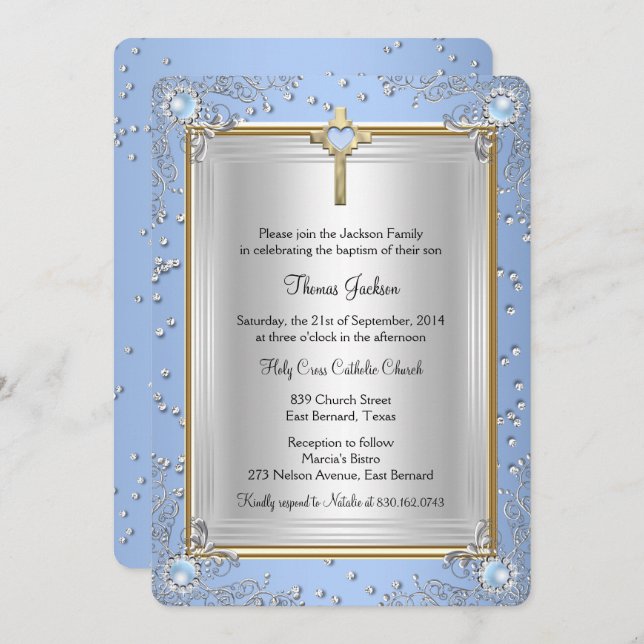 Convite Blue Sparkle Jewel Baptism Natal Dourado 2 (Frente/Verso)