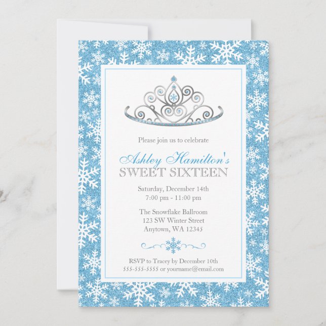 Convite Blue Sparkle Princess Winter Wonderland Sweet 16 (Frente)