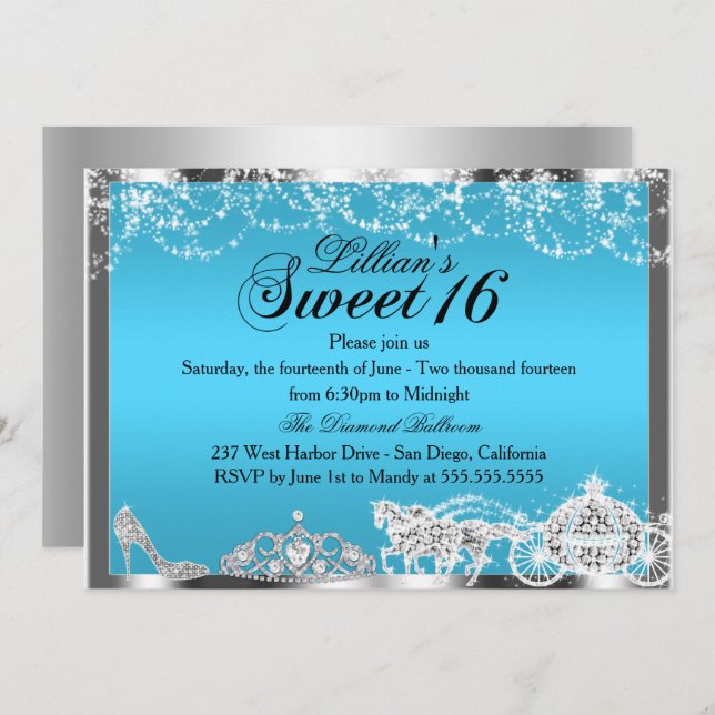 Convite Blue Sparkle Theme Sweet 16 Invite (Frente/Verso)