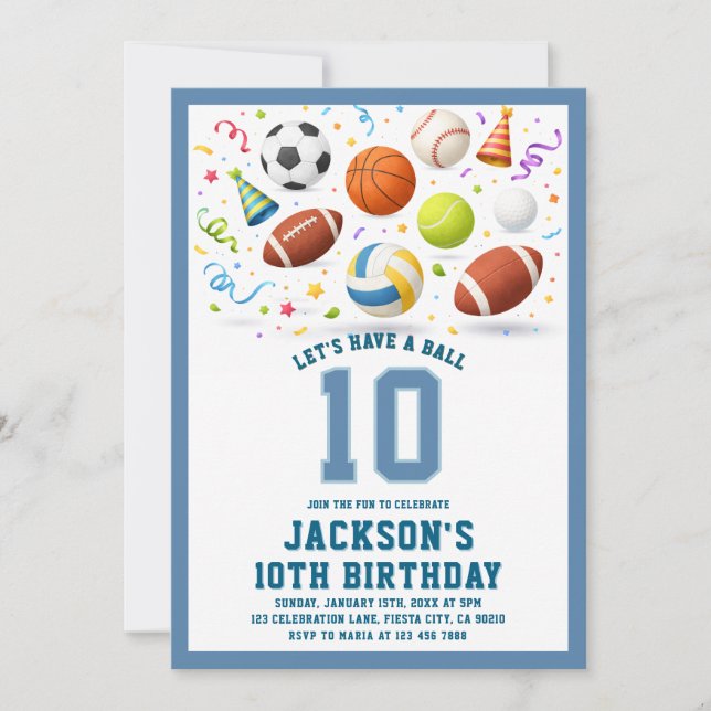 Convite Blue Sports Let’s Have a Ball Birthday Invitation (Frente)