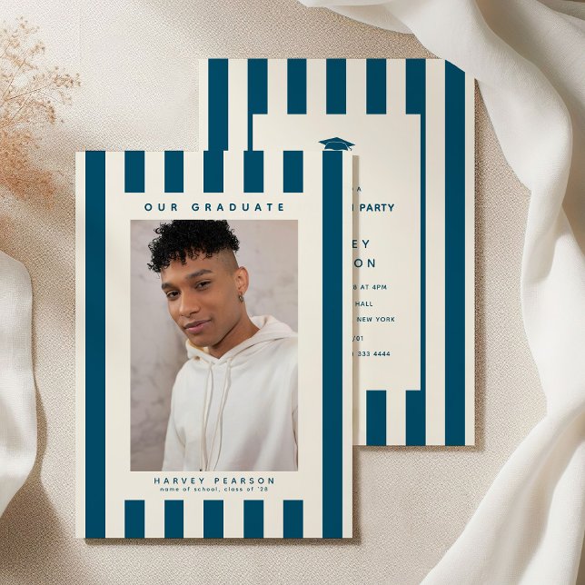 Convite Blue Sporty Stripes 2 Photo Graduation Party (Criador carregado)