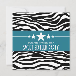 Convite Blue Stars Zebra Print Sweet 16 Invite