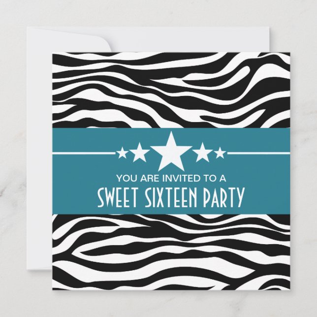 Convite Blue Stars Zebra Print Sweet 16 Invite (Frente)