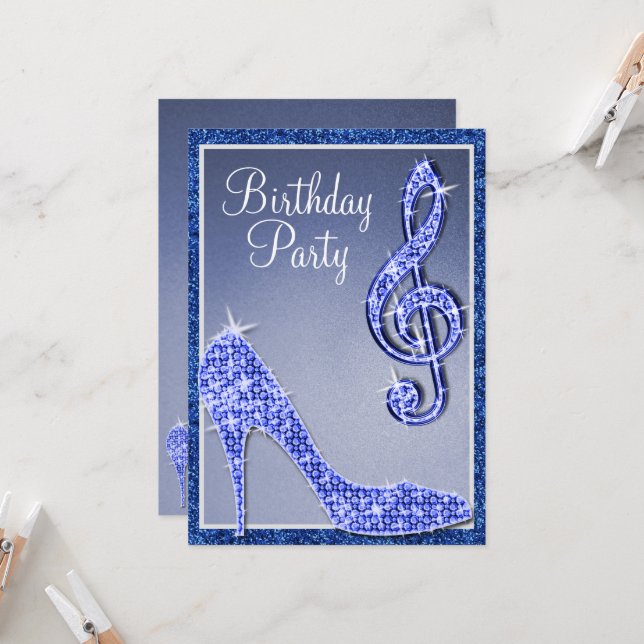 Convite Blue Stiletto & Treble Clef Birthday (Frente/Verso In Situ)