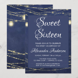 Convite Blue String Light Mason Jar Sweet 16 Aniversário