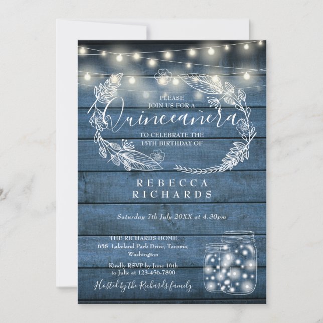 Convite Blue String Luzes Mason Jars Quinceañera 15 (Frente)