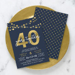 Convite Blue Strings of Lights 40th Wedding Anniversário<br><div class="desc">Convite para 40 anos da Elegante, com cordas de luz e "40" em folha de ouro falsa com "anos juntos" em branco contra fundo azul escuro. A placa inclui um padrão correspondente do lado traseiro. Veja os itens correspondentes como adesivos e carimbos aqui https://www.zazzle.com/collections/strings_of_lights_faux_gold_celebration_collection-119311942951401241?rf=238364477188679314 Personalize-o substituindo o texto do marcador...</div>