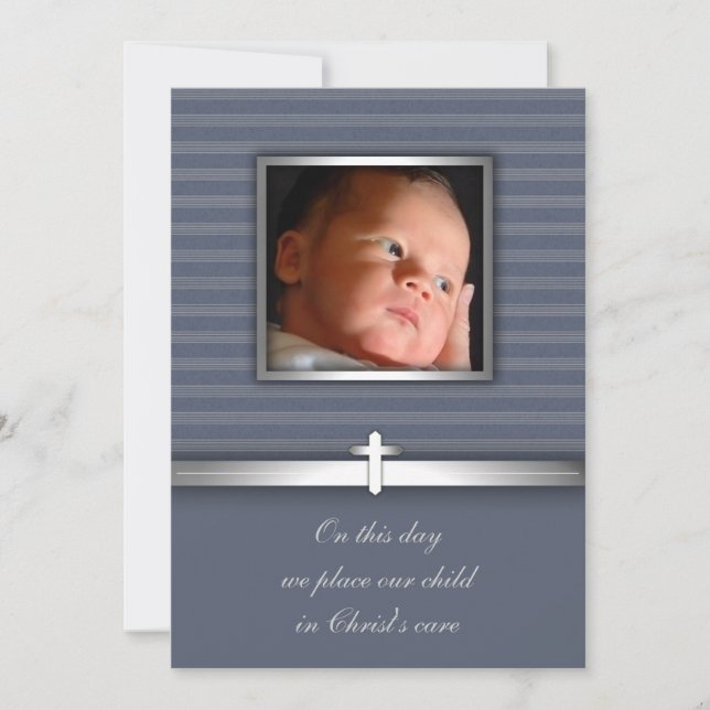 Convite Blue Stripe Baby Boy Photo Christening (Frente)