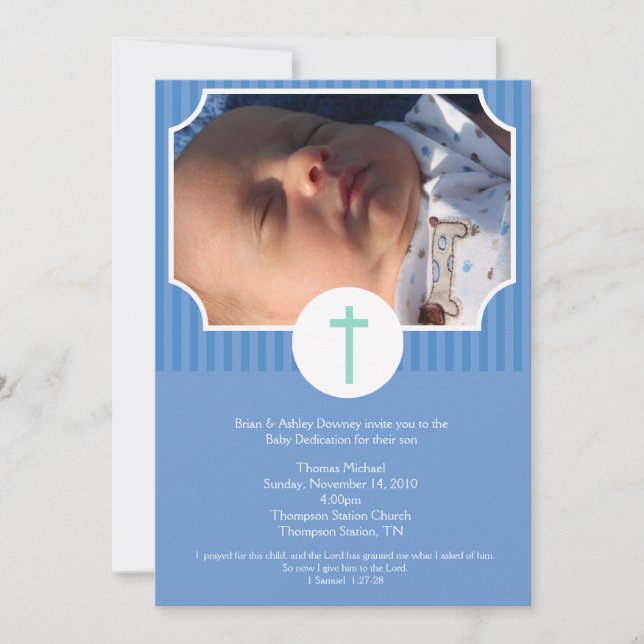 Convite Blue Stripe Baptism Baby Dedication 5x7 foto (Frente)