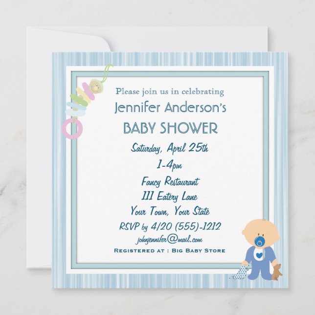 Convite Blue Stripe Boy Baby Shower Invants (Frente)