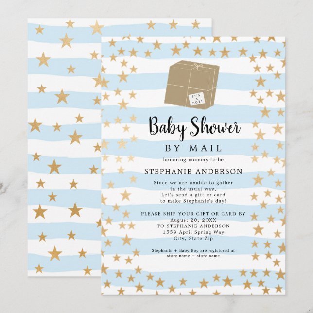 Convite Blue Stripe + Chá de fraldas Dourado Star Boy por  (Frente/Verso)